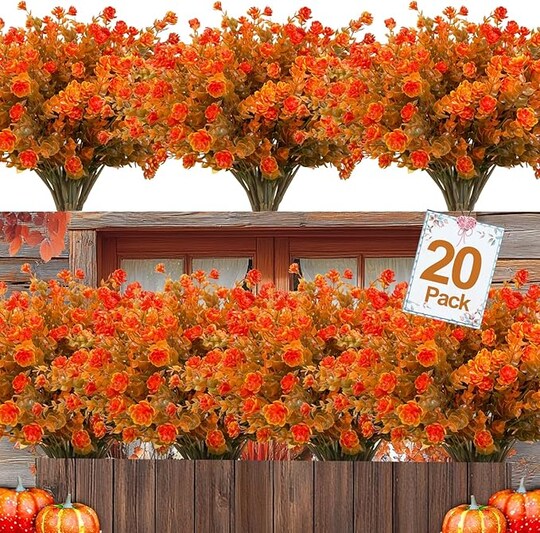 20 Bundles Artificial Fall Flowers for Outdoors Fall Thanksgiving Decorations-UV Resistant Fake Mums Faux Plant Plastic Flowers Gardens Porch Fireplace Home Autumn Decor(Brown Eucalyptus Flower)